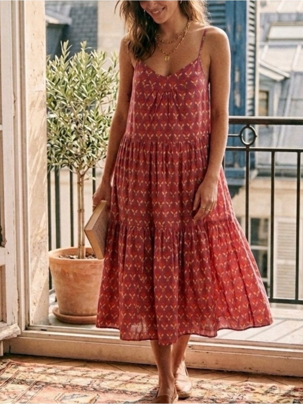 SZ Blockprints 100% Cotton Tiered Midi Bohemian Dress with Straps Size M